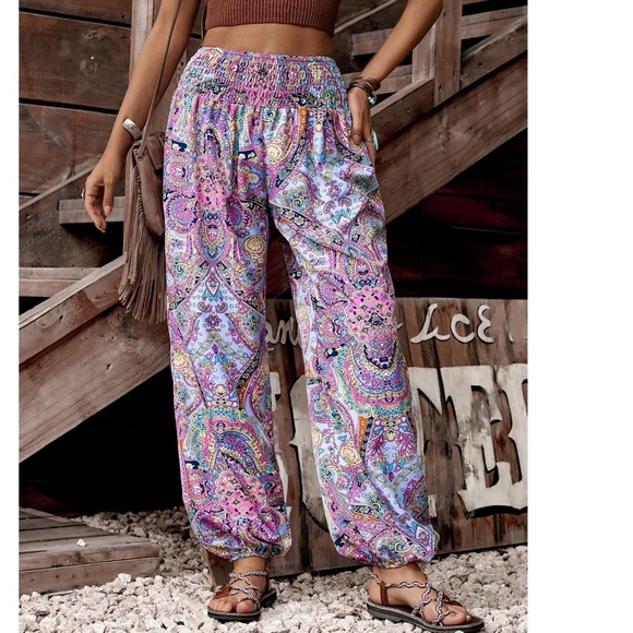 Boho Floral Print Stretchy Waist Jogger Pants - Picture 1 of 4